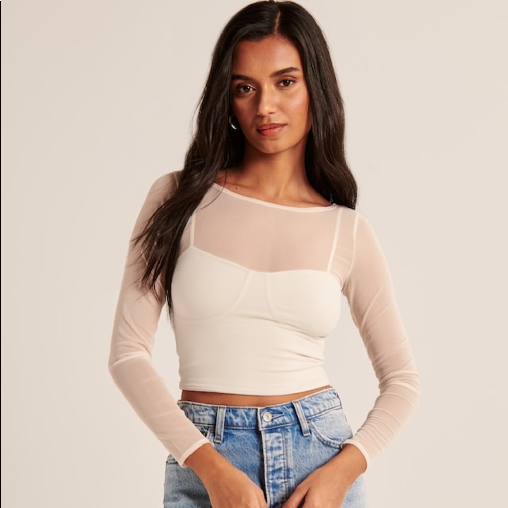 Long-Sleeve Mesh Corset Top